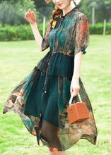 Load image into Gallery viewer, Women Green Ruffled Print Silk Cinched Dresses Summer
