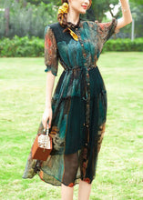 Load image into Gallery viewer, Women Green Ruffled Print Silk Cinched Dresses Summer