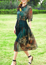Load image into Gallery viewer, Women Green Ruffled Print Silk Cinched Dresses Summer