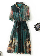 Load image into Gallery viewer, Women Green Ruffled Print Silk Cinched Dresses Summer
