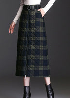 Women Green Zip Up Plaid Fine Cotton Filled Skirts Winter