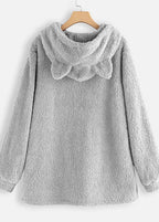 Women Grey Hooded Pockets Patchwork Teddy Faux Fur Sweatshirt Fall