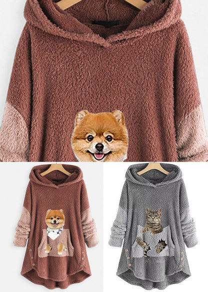Women Grey Hooded Print Pockets Patchwork Teddy Faux Fur Sweatshirt Fall