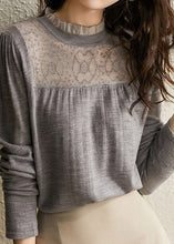 Load image into Gallery viewer, Women Grey Ruffled Patchwork Hollow Out Knit Shirts Spring