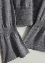 Load image into Gallery viewer, Women Grey Ruffled Patchwork Hollow Out Knit Shirts Spring