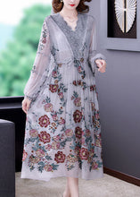 Load image into Gallery viewer, Women Grey V Neck Patchwork Embroideried Silk Cinched Dress Lantern Sleeve