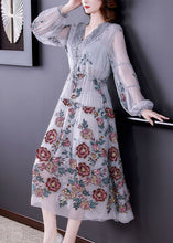 Load image into Gallery viewer, Women Grey V Neck Patchwork Embroideried Silk Cinched Dress Lantern Sleeve