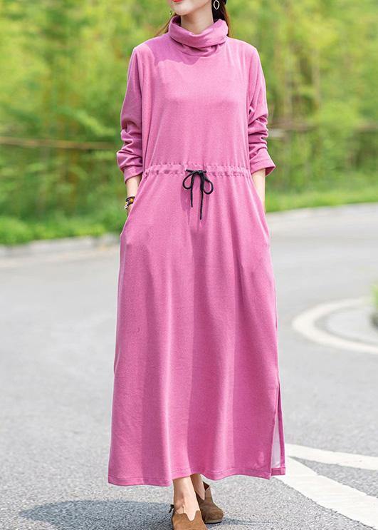Women High Neck Drawstring Spring Tunics Design Pink Robe Dress