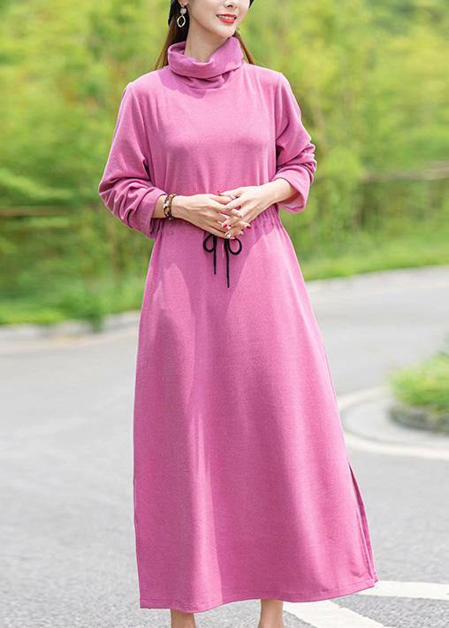 Women High Neck Drawstring Spring Tunics Design Pink Robe Dress