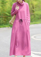 Women High Neck Drawstring Spring Tunics Design Pink Robe Dress