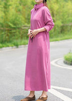 Women High Neck Drawstring Spring Tunics Design Pink Robe Dress