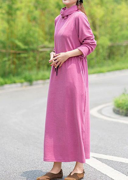 Women High Neck Drawstring Spring Tunics Design Pink Robe Dress