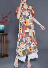 Load image into Gallery viewer, Women Khaki V Neck Patchwork Print Cotton Long Dress Summer