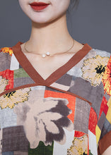 Load image into Gallery viewer, Women Khaki V Neck Patchwork Print Cotton Long Dress Summer