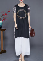 Women Leopard Patchwork Smiling Face Zircon Chiffon Dress Summer