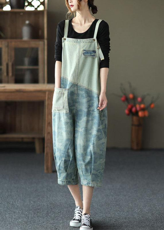 Women Light Blue Pockets Patchwork Jumpsuit Crop Pants