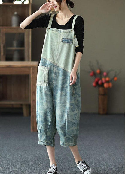 Women Light Blue Pockets Patchwork Jumpsuit Crop Pants