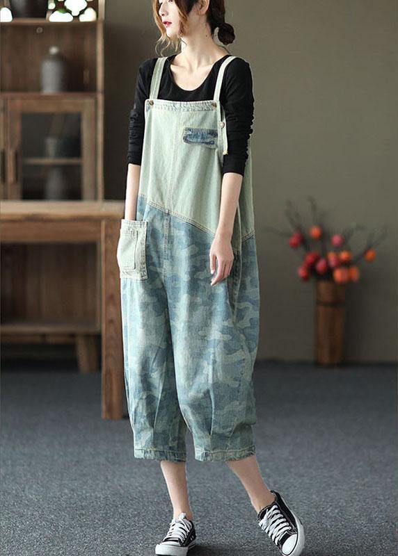 Women Light Blue Pockets Patchwork Jumpsuit Crop Pants