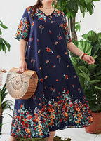 Women Loose Navy V Neck Print Cotton Long Dresses Summer