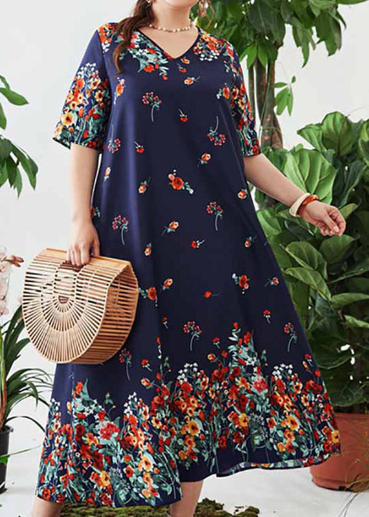 Women Loose Navy V Neck Print Cotton Long Dresses Summer