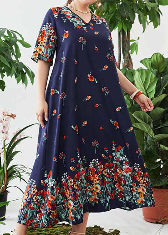 Women Loose Navy V Neck Print Cotton Long Dresses Summer