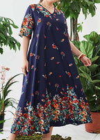 Women Loose Navy V Neck Print Cotton Long Dresses Summer