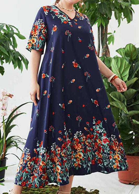 Women Loose Navy V Neck Print Cotton Long Dresses Summer