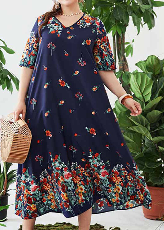 Women Loose Navy V Neck Print Cotton Long Dresses Summer