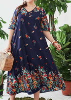 Women Loose Navy V Neck Print Cotton Long Dresses Summer