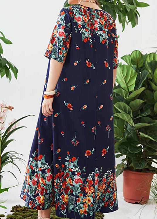 Women Loose Navy V Neck Print Cotton Long Dresses Summer