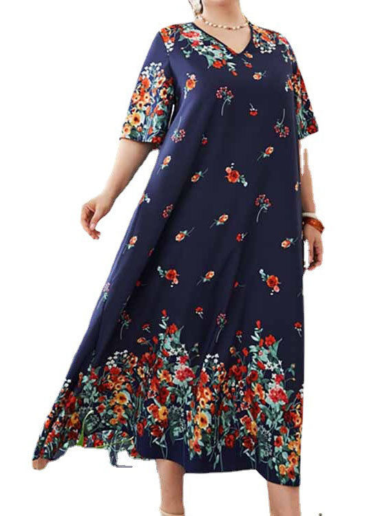Women Loose Navy V Neck Print Cotton Long Dresses Summer
