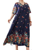 Women Loose Navy V Neck Print Cotton Long Dresses Summer