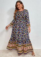 Women Navy Blue Print Elastic Waist Long Dresses Fall