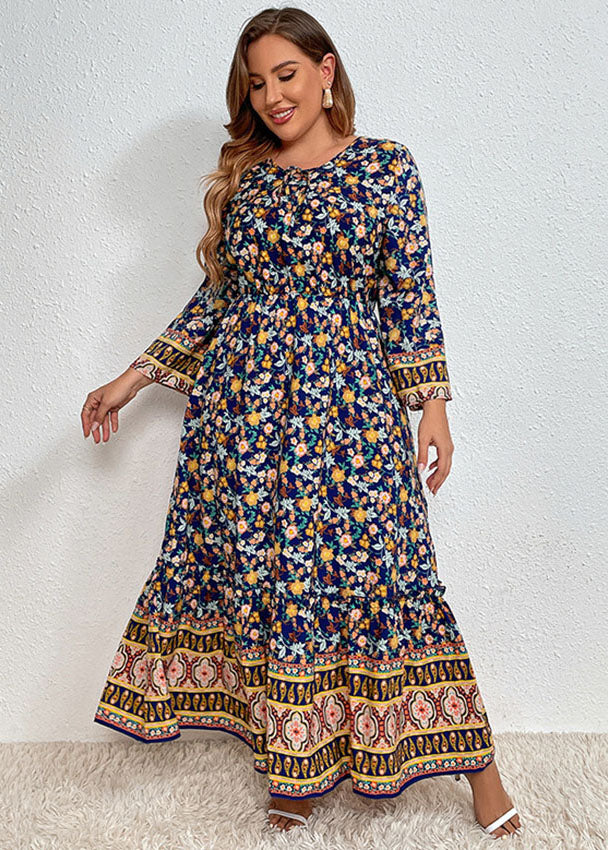 Women Navy Blue Print Elastic Waist Long Dresses Fall