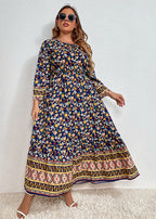 Women Navy Blue Print Elastic Waist Long Dresses Fall