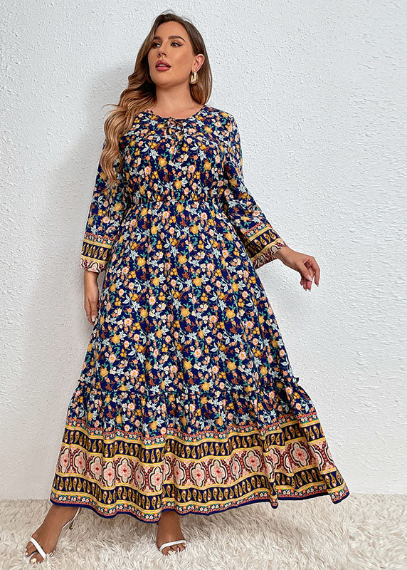 Women Navy Blue Print Elastic Waist Long Dresses Fall