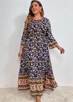 Women Navy Blue Print Elastic Waist Long Dresses Fall