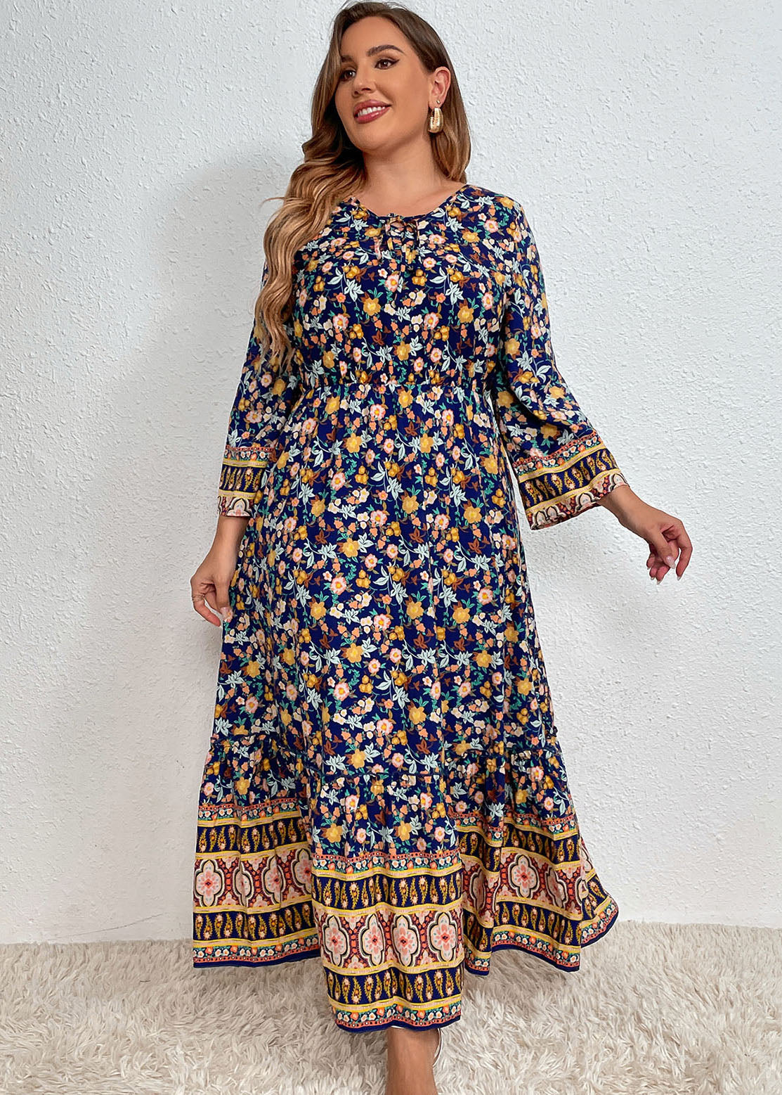 Women Navy Blue Print Elastic Waist Long Dresses Fall