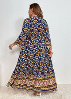 Women Navy Blue Print Elastic Waist Long Dresses Fall