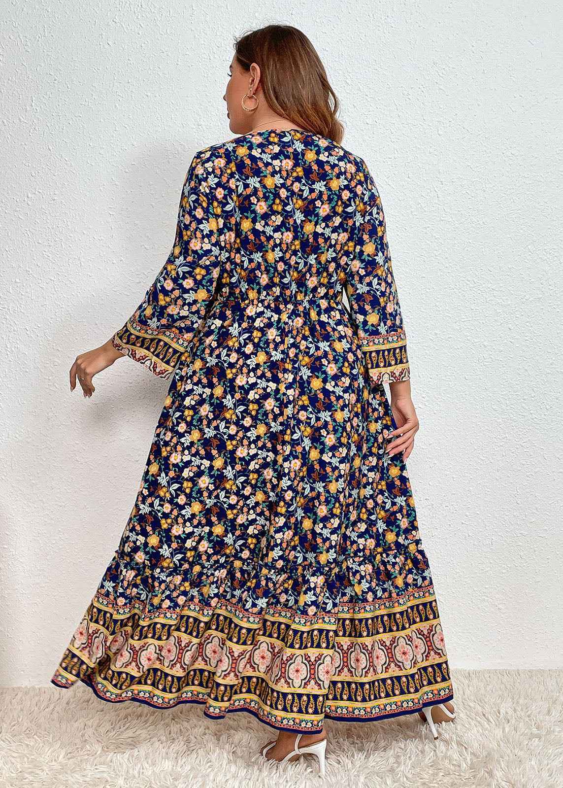 Women Navy Blue Print Elastic Waist Long Dresses Fall