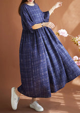 Load image into Gallery viewer, Women Navy Oversized Plaid Linen Maxi Dresses Summer