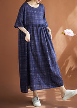Load image into Gallery viewer, Women Navy Oversized Plaid Linen Maxi Dresses Summer