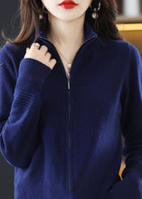 Load image into Gallery viewer, Women Navy Stand Collar Zip Up Thick Wool Knit Cardigan Spring