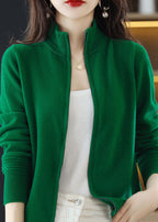 Women Navy Stand Collar Zip Up Thick Wool Knit Cardigan Spring
