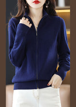 Load image into Gallery viewer, Women Navy Stand Collar Zip Up Thick Wool Knit Cardigan Spring