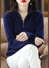 Load image into Gallery viewer, Women Navy Stand Collar Zip Up Thick Wool Knit Cardigan Spring