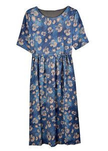 Women Navy Tie Waist Print Silk Robe Dresses Summer