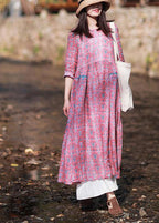 Women O-Neck Wrinkled Summer Tutorials Pink Print Dress