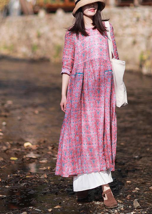 Women O-Neck Wrinkled Summer Tutorials Pink Print Dress