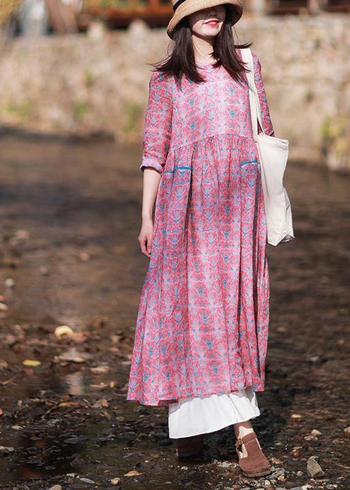 Women O-Neck Wrinkled Summer Tutorials Pink Print Dress